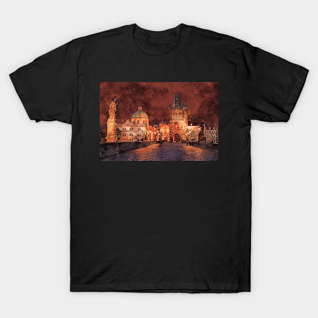 Night at Charles Bridge in Prague T-Shirt by AlexMir